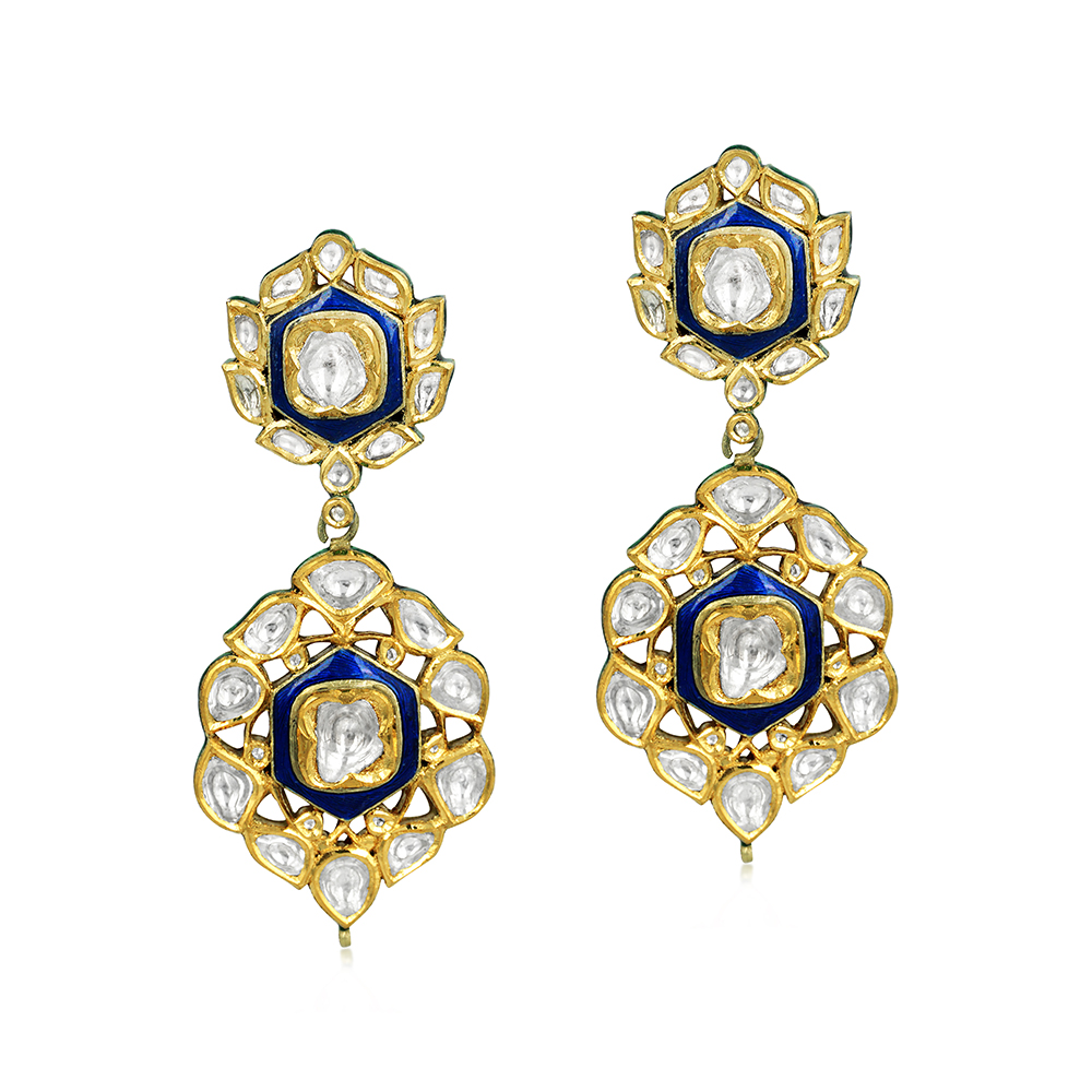 Blue Enamel Earrings with Polki Cluster and Bold Detailing